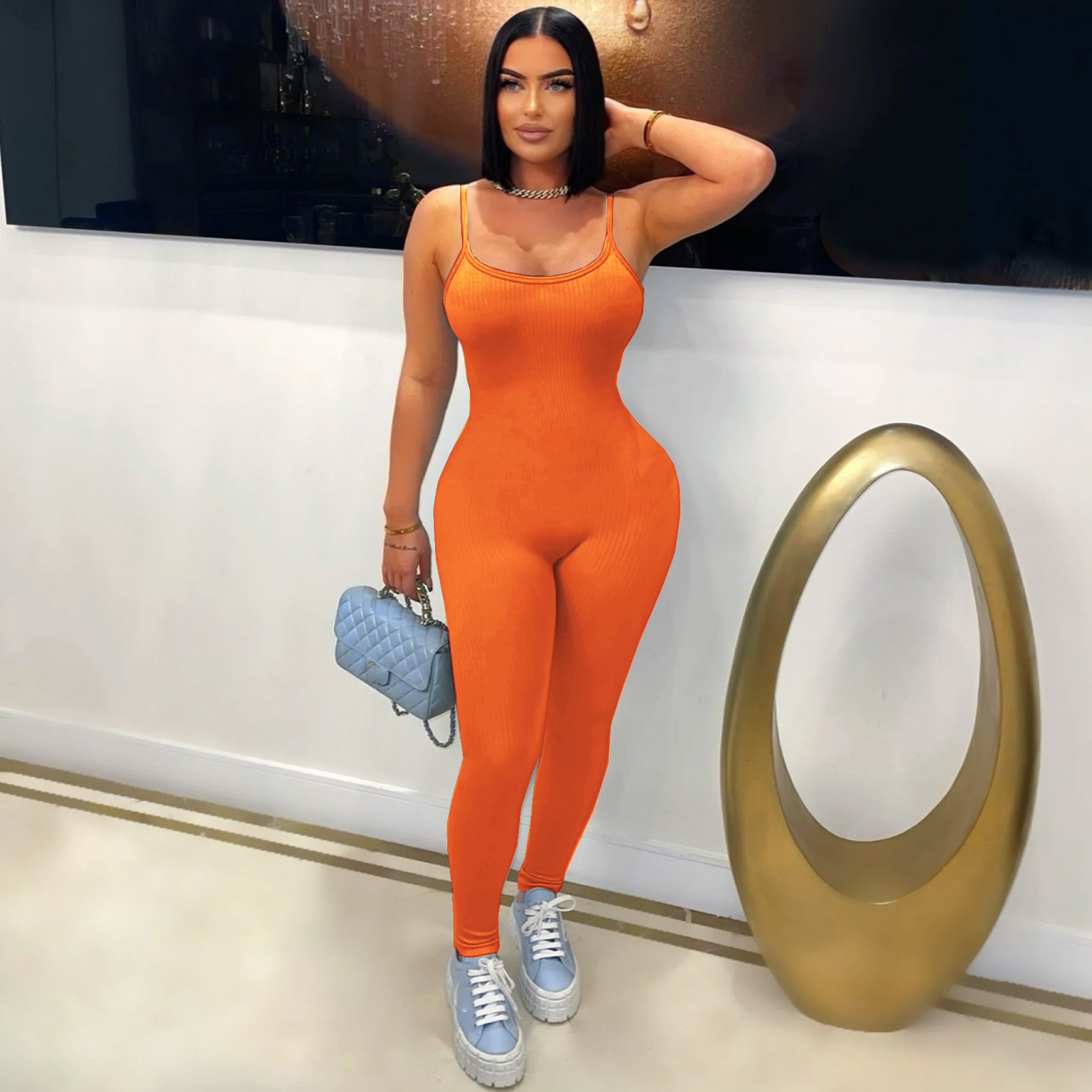 Summer Women Outdoor Wear Comfortable Ribbed Suspenders Low Back Butt Lift Tight Fitting Jumpsuit 5