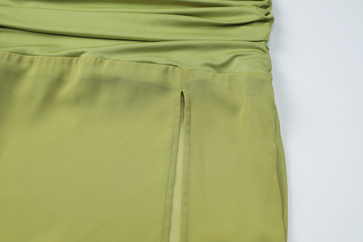 Women Sexy V-Neck Pleated Long Mesh Slit Halter Neck Dress 12