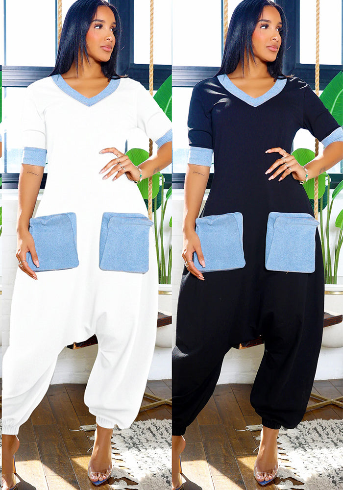 Women Casual Career V-Neck Patchwork Contrast Stretchy Denim Jumpsuit