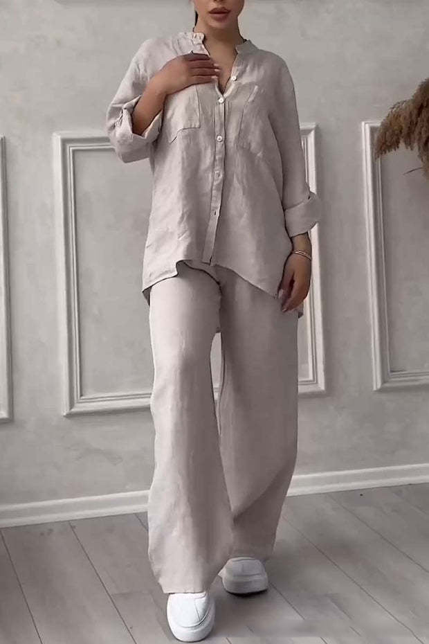 Women Casual Solid Shirt Wide Leg Pants Two Piece Set 3