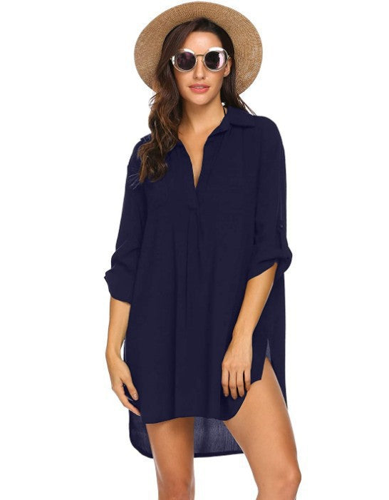 Spring And Summer Women'S Deep V-Neck Chiffon Shirt Sunscreen Shirt Dress 8