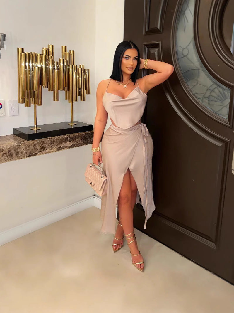 Sexy Strap High Slit Two Piece Skirt Set