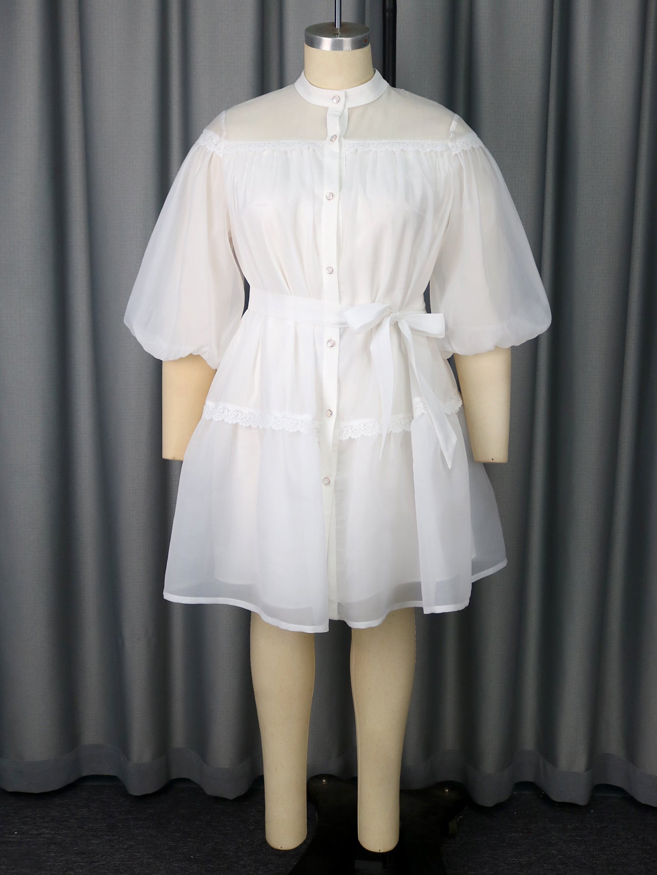 Plus Size White Lantern Sleeves Belted Button-Detail Blouse Dress Lantern Sleeves Career Wear 5
