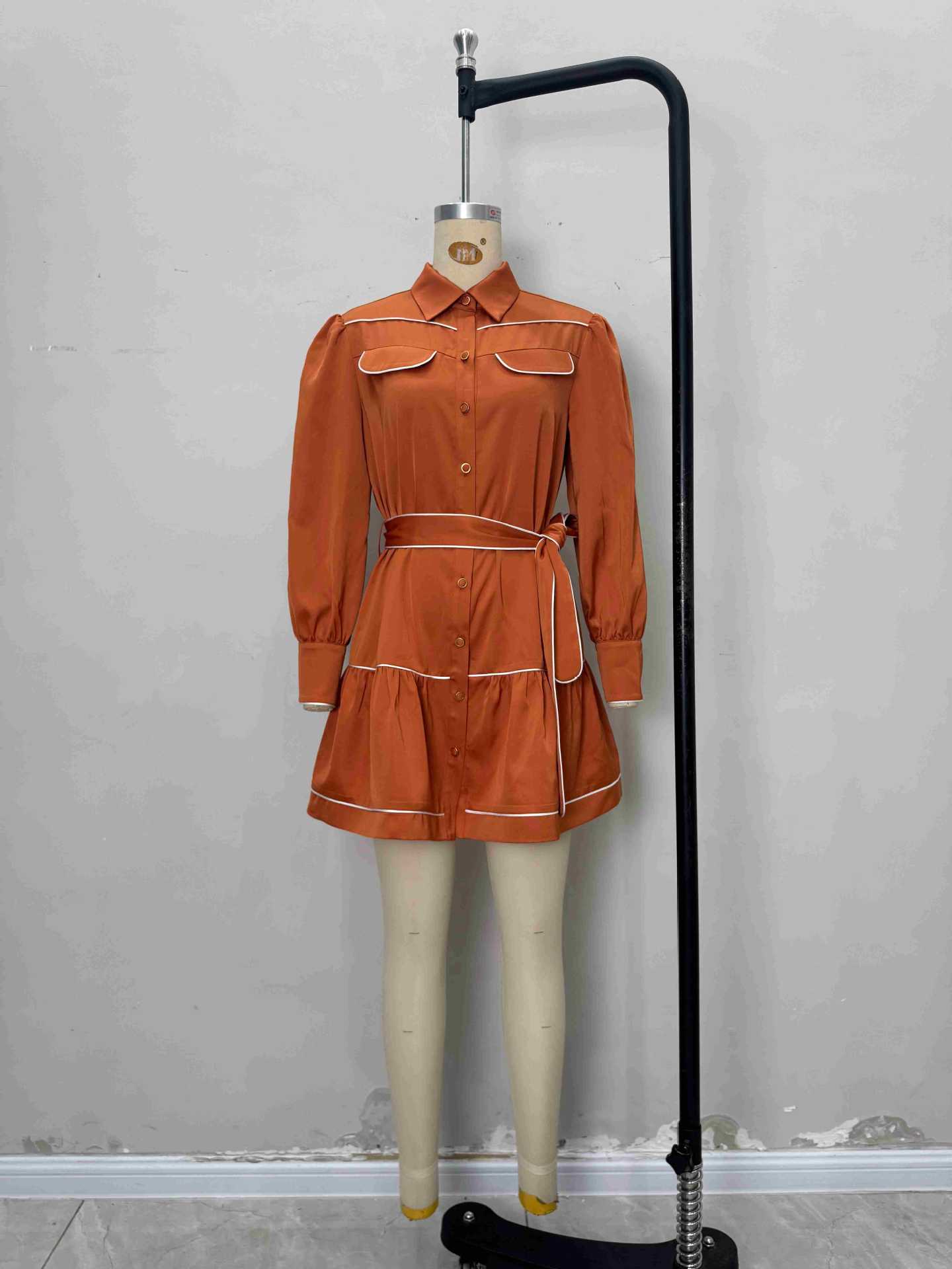 Trendy Brown Contrast Belted Satin Shirt Dress 3