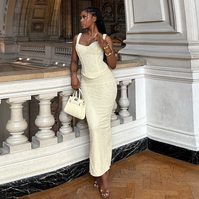 Spring Summer Women's Solid Color Slim Off Shoulder Two-Piece Slim Waist Strap Skirt Set