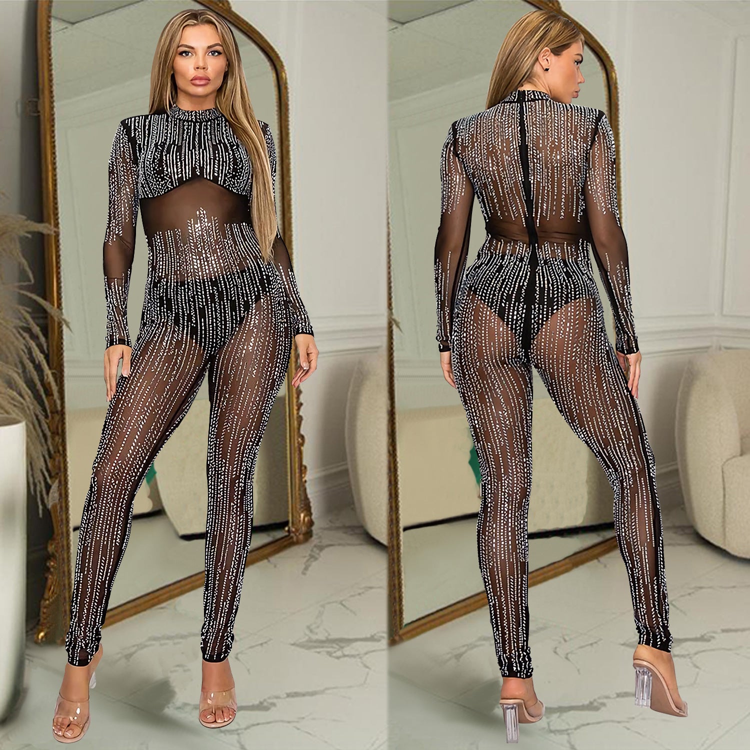 Fashion Sexy Beaded See-Through Mesh Party Jumpsuit 5