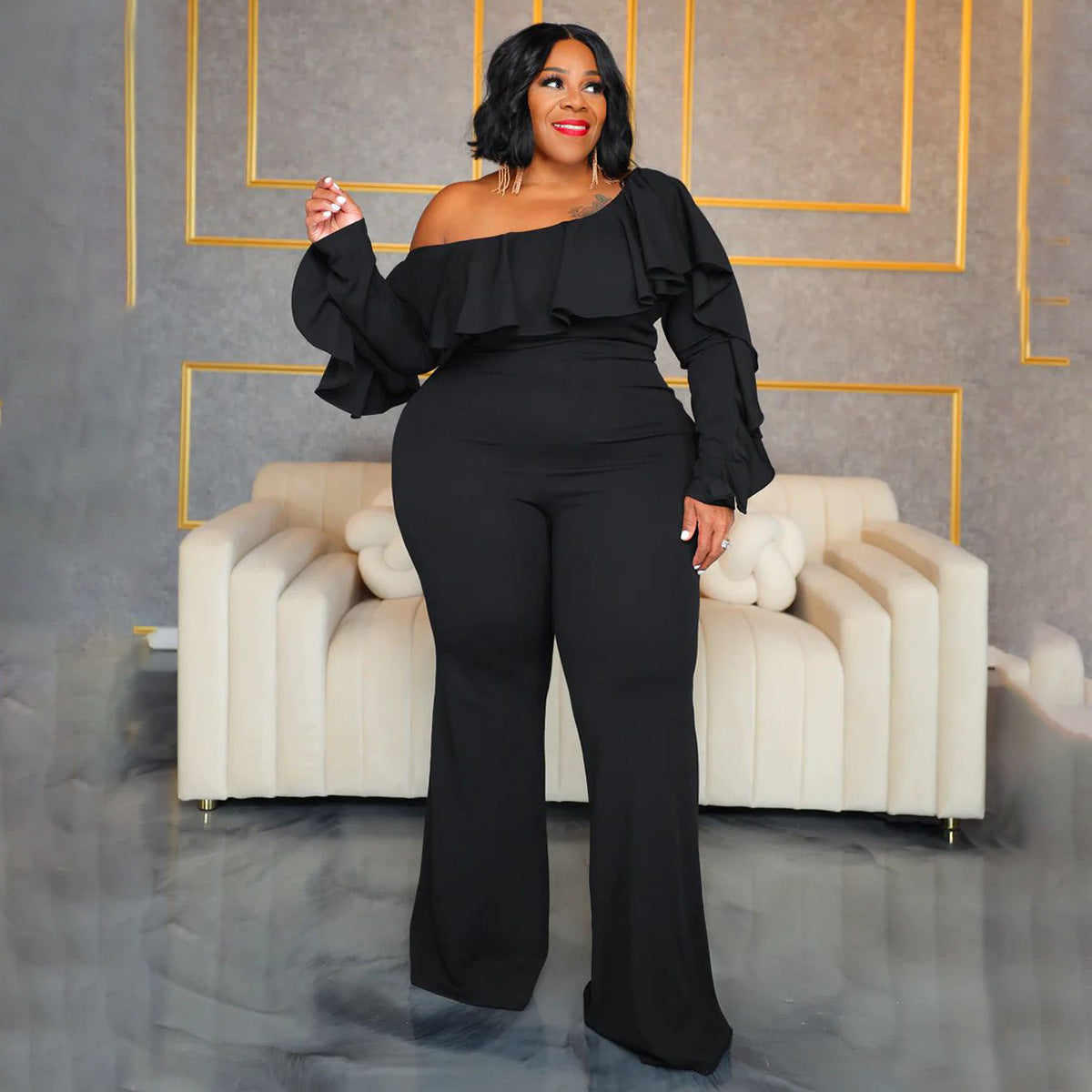 Plus Size Women Solid Sexy Slash Shoulder Strapless Jumpsuit 3