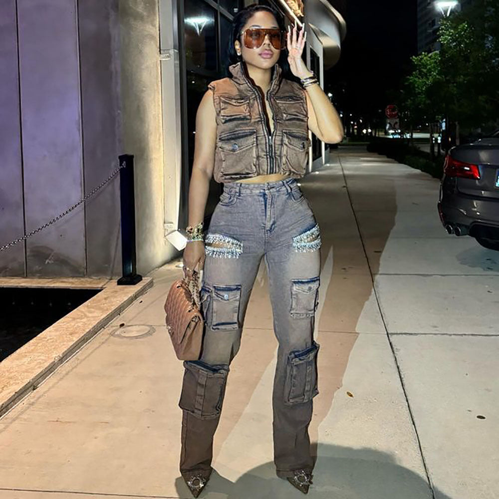 Women Trendy Retro Tassel Diamond Denim Cargo Pants 3