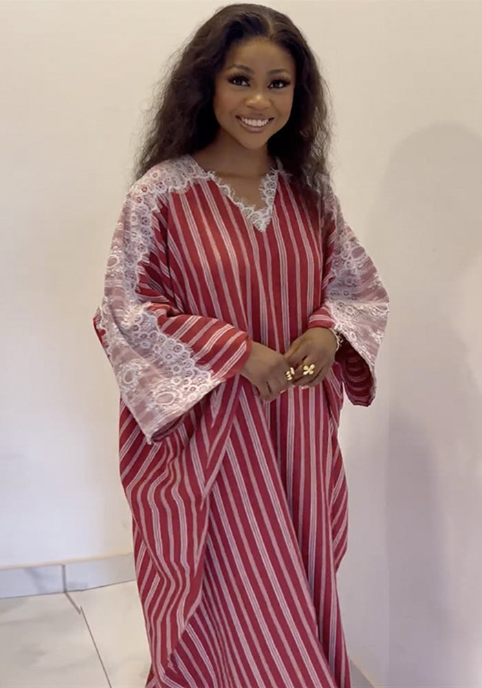 Women Summer Lace V-Neck Striped Dress