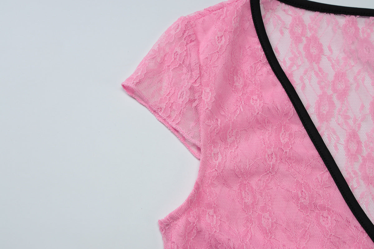 Women summer sexy See-Through Lace Patchwork V-neck Top and shorts two-piece set 12