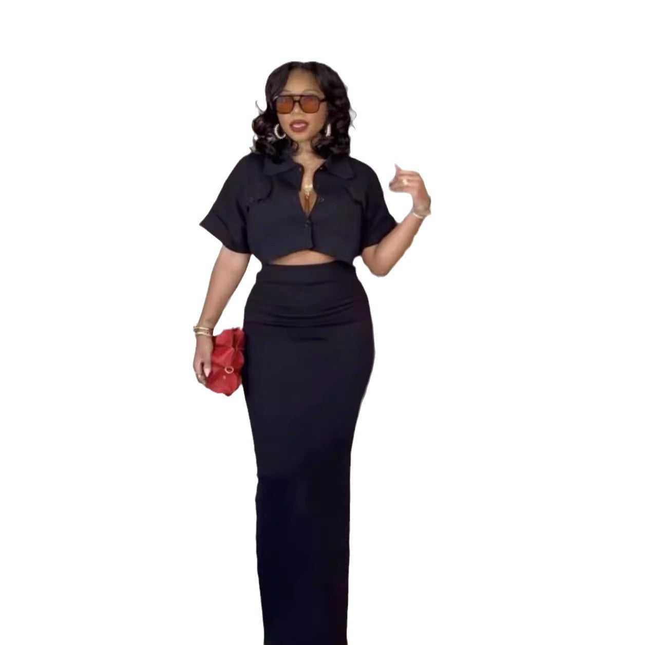 Spring Fashion Casual Black Short Sleeve Crop  Shirt Slim Fit Skirt Two Piece Set 6