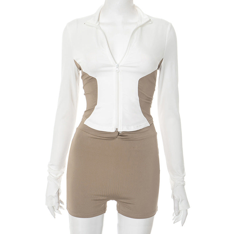 Women Stand Collar Contrast Patchwork Long Sleeve Finger Zipper Top Knot Shorts Two-Piece Set 7