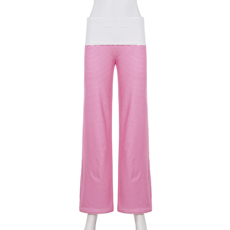 Women's Casual Loungewear High-Waisted Striped Knit Pants Wide-Leg Trousers 14