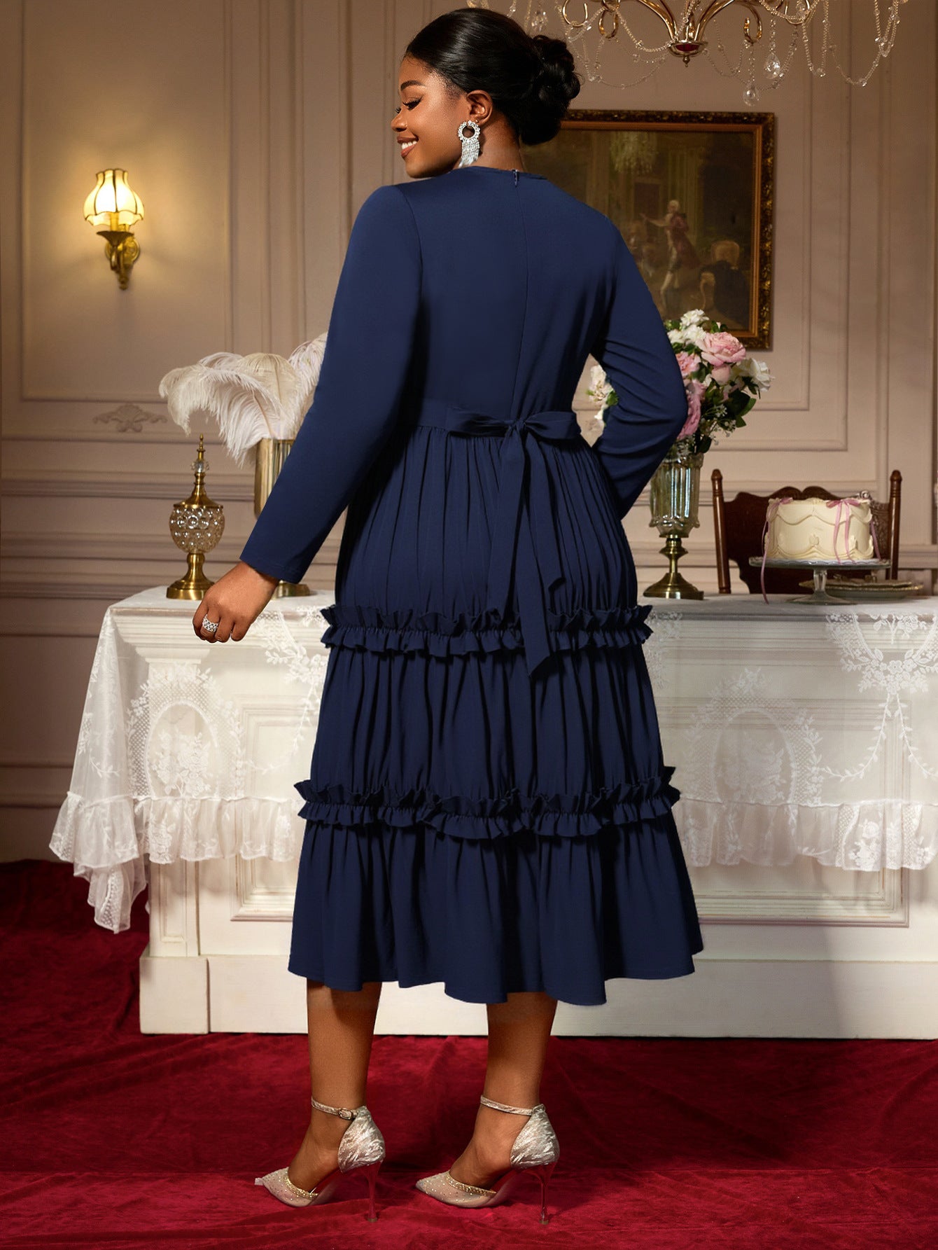 Plus Size Women's Autumn Round Neck Cut-Out Knitting Long Sleeve Gathers A-Line Dress 3