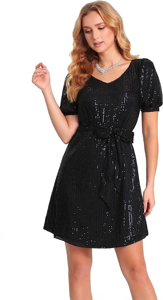 Women's Short Sleeve V Neck Sequin Mini Sequin Dress With Belt Glitter Cocktail Evening Dress