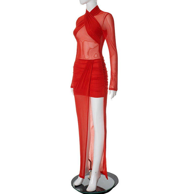 Women's Sexy Cross Patchwork See-Through Mesh Red Round Neck Slim Long Dress 6