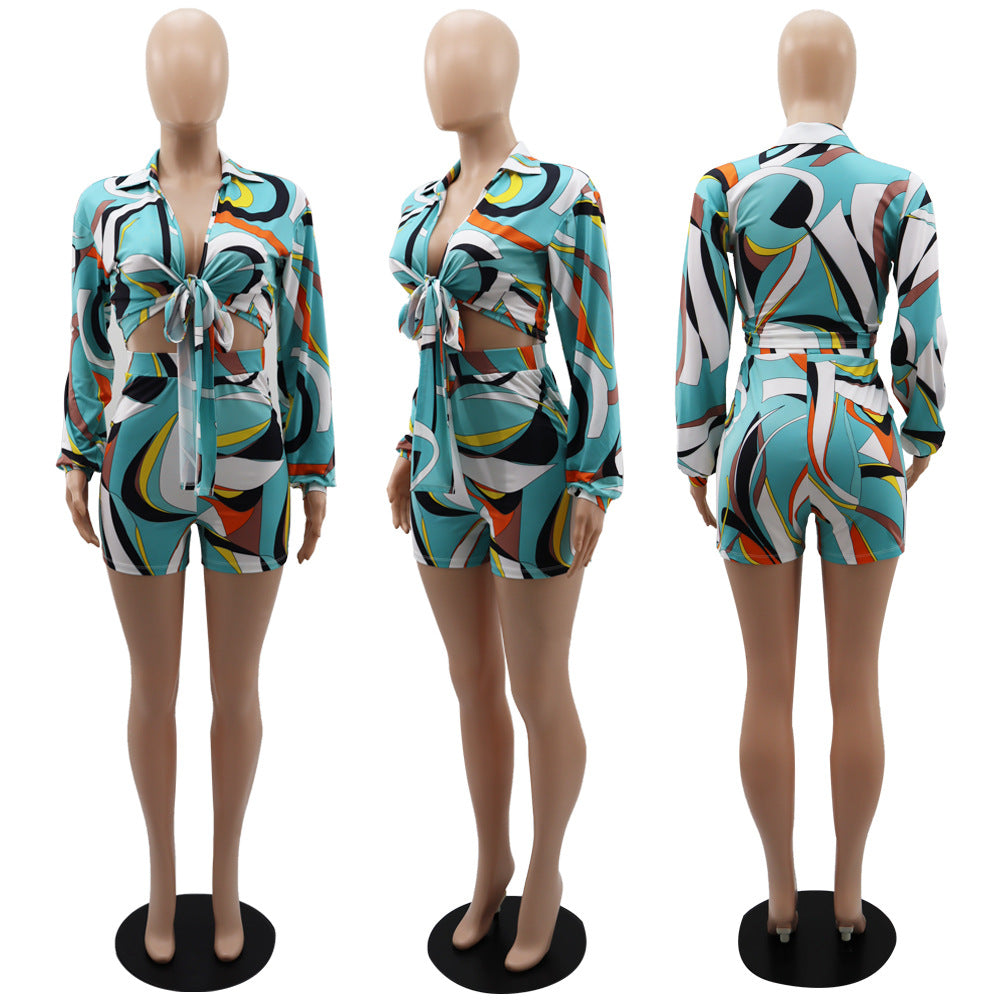 Women Printed Lace-Up Long Sleeve Shirt and Shorts Holidays Two-Piece Set 15