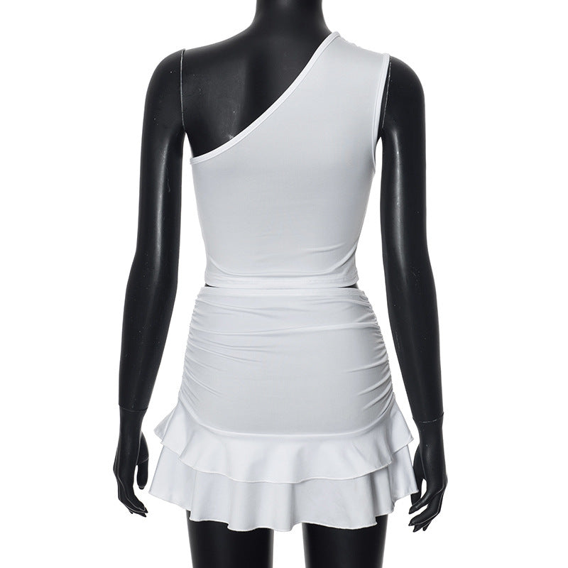 Women Summer Solid Slash Shoulder Sleeveless Top and Mini Skirt Two-Piece Set 6