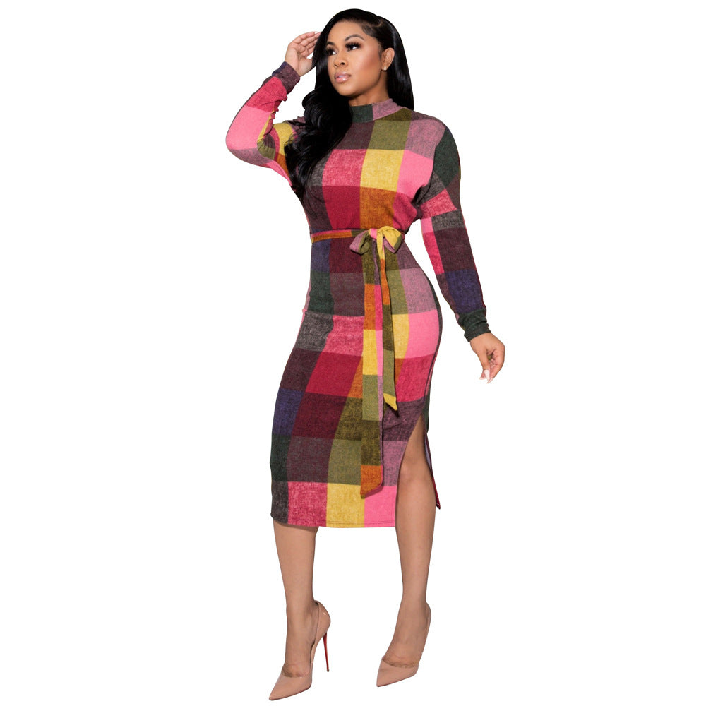 Women's Fashion Positioning Contrast Print Side Slit Slim Dress With Belt 3