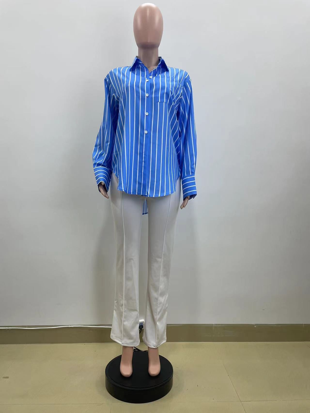 Spring Casual Blue And White Striped Career Loose Shirt 9