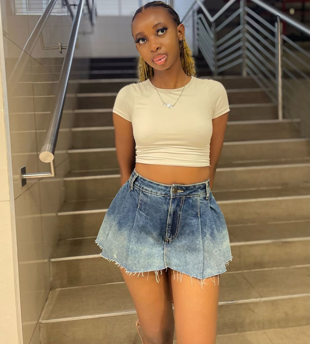 Women Summer Casual Gradient Pleated Denim Skirt 3