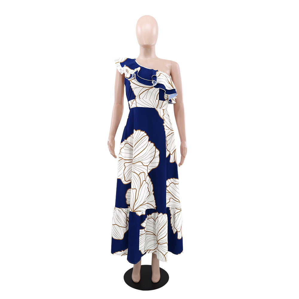 Ruffle Slash Shoulder Low Back High Slim Waist Women's Long Dress 4