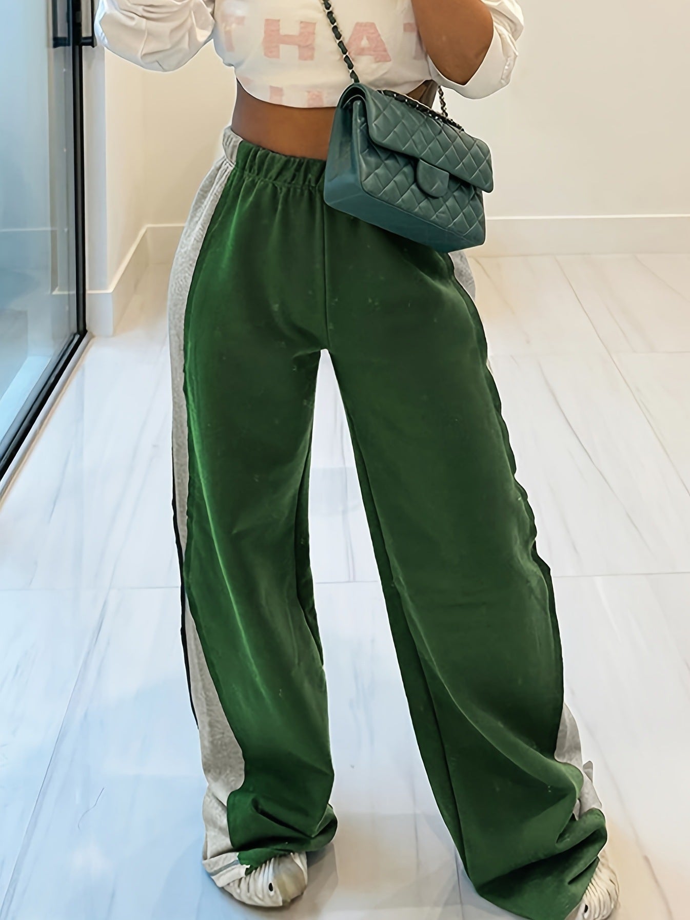 Women Autumn Casual Contrast Patchwork Wide-Leg Pants 4