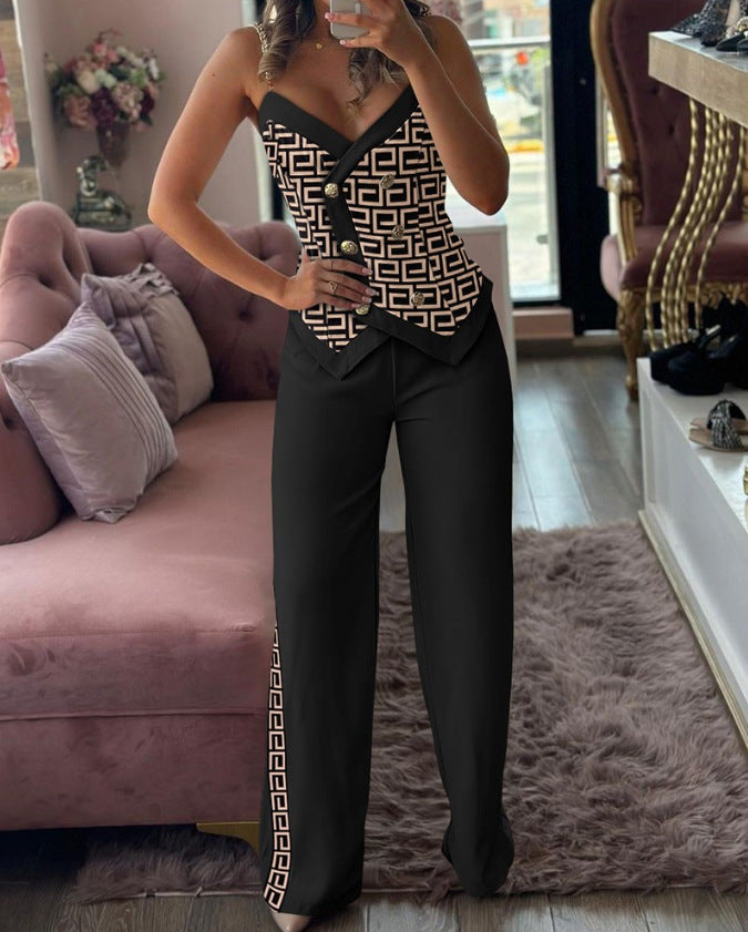 Fashion Printed Double-Breasted Strap Women's Two Piece Pants Set 8