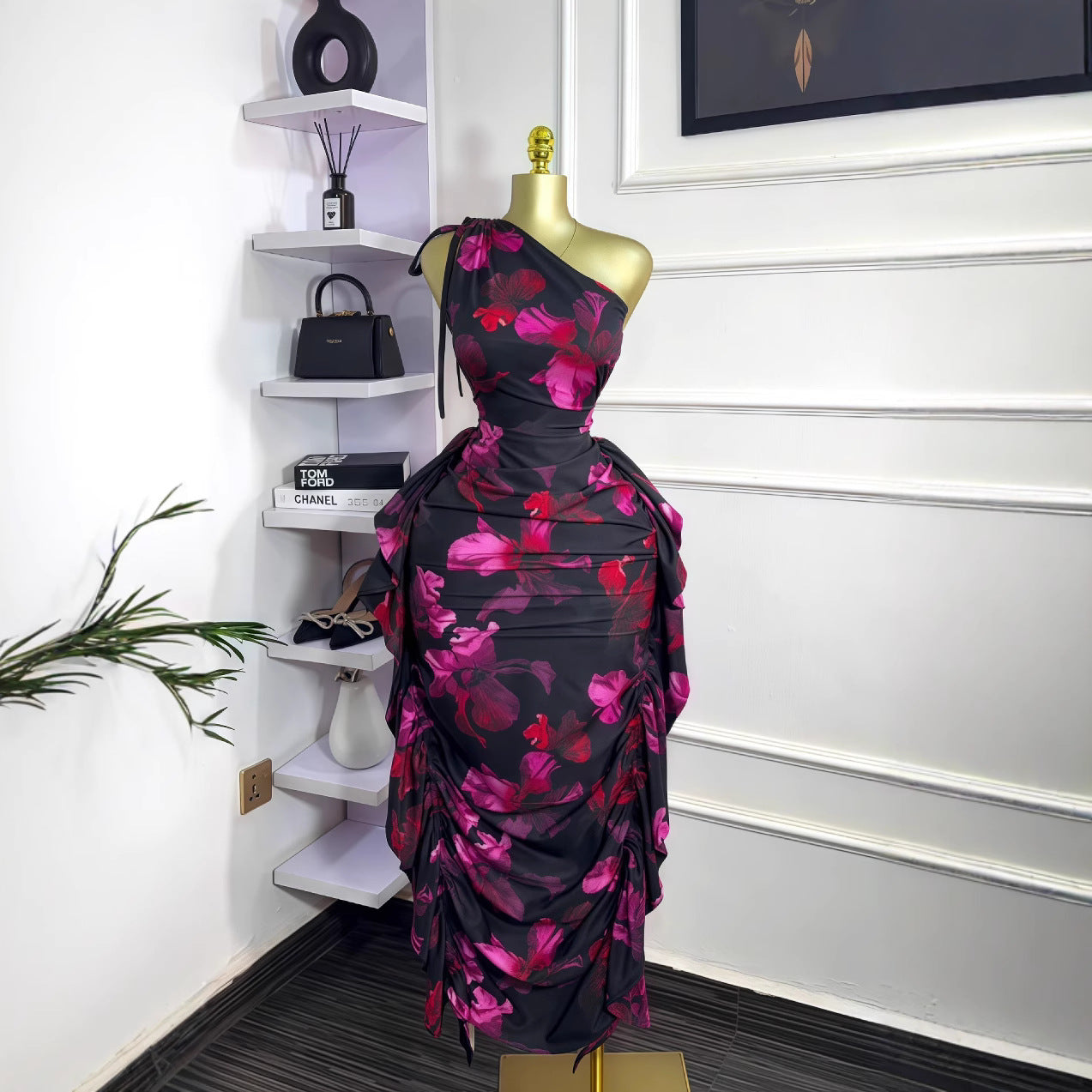 One-Shoulder Slash Neck Floral Tie-Front Ruffle Bodycon Dress 5