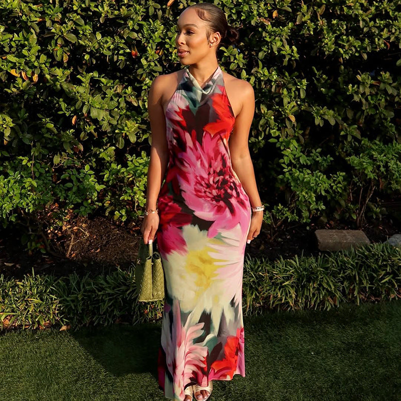 Women Sexy Halter Neck Backless Print Bodycon Dress