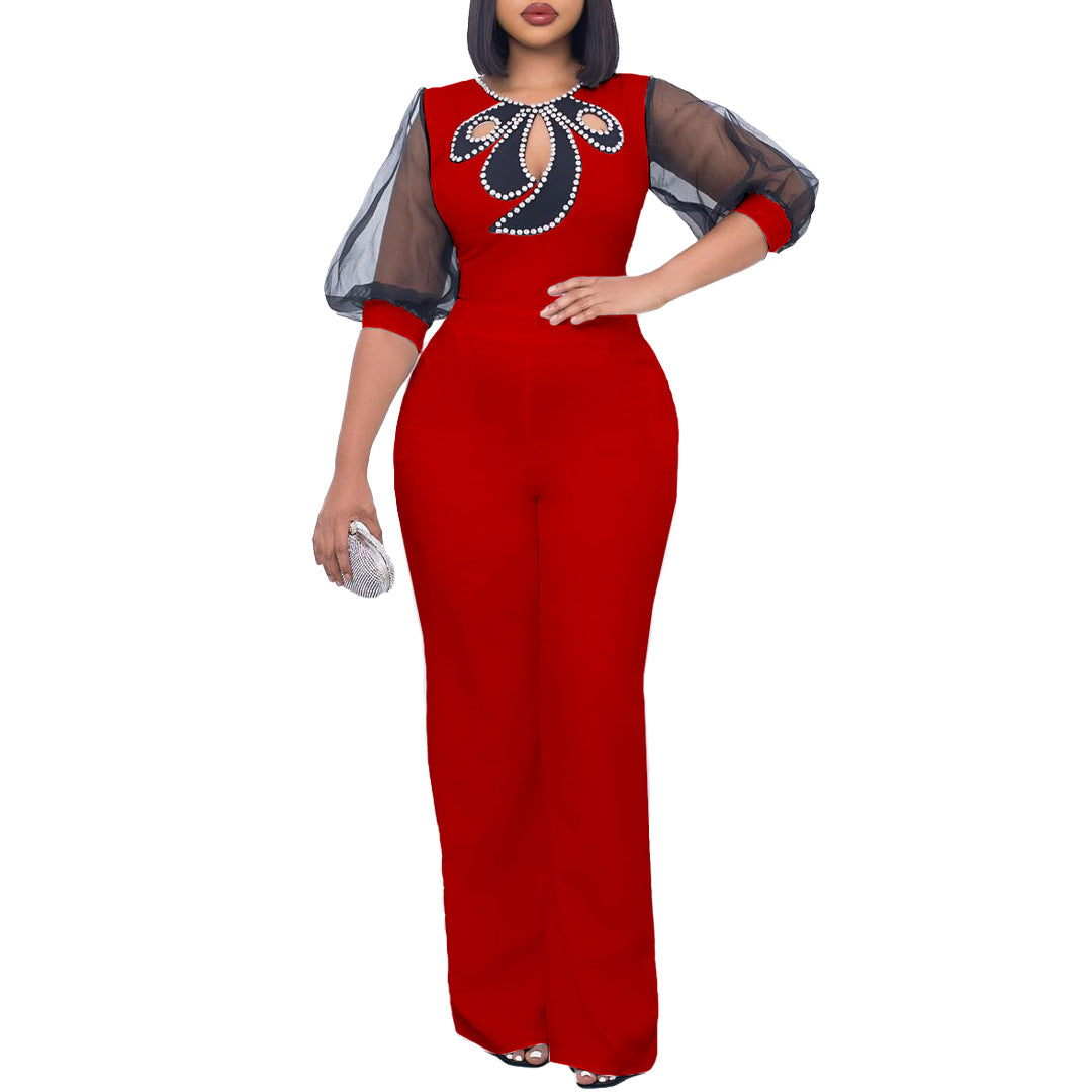 Women'S Summer Short Sleeve Puff Sleeve Beaded Sexy Wide Leg Slim Waist Plus Size Jumpsuit 10