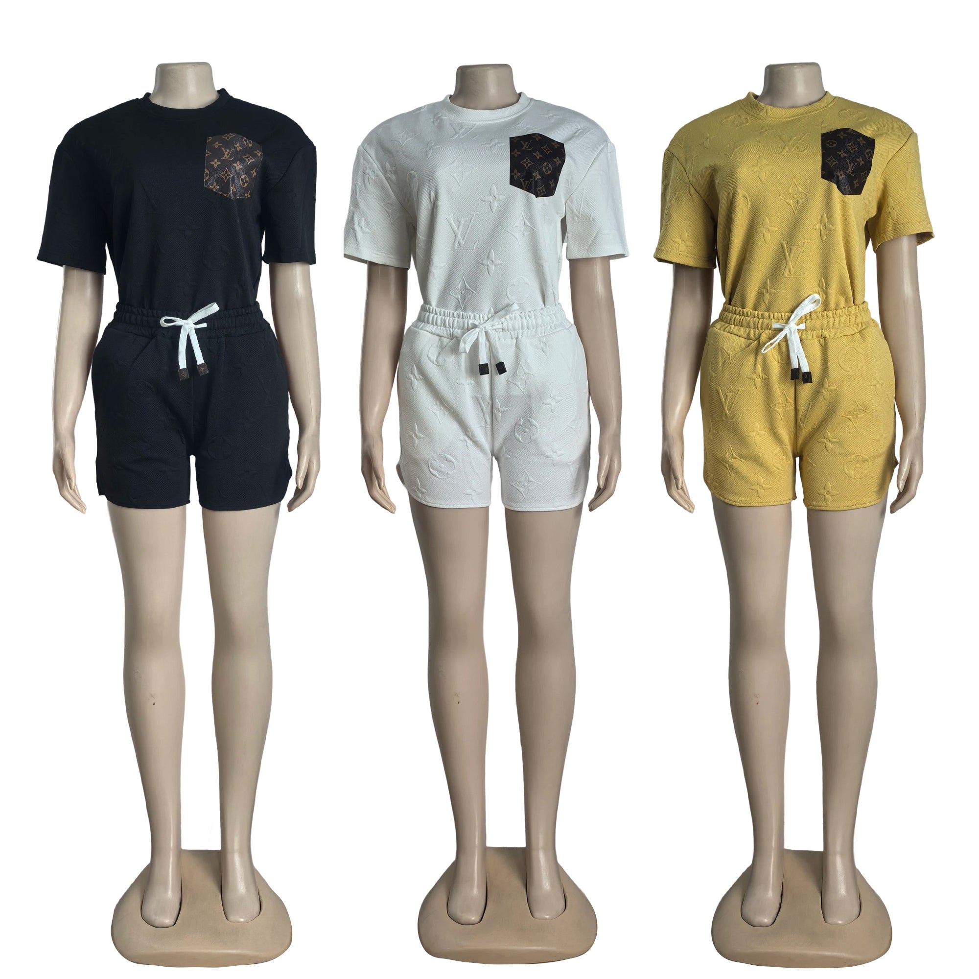 Women casual Pu-Leather pocket jacquard short-sleeved top and shorts sports two-piece set 17