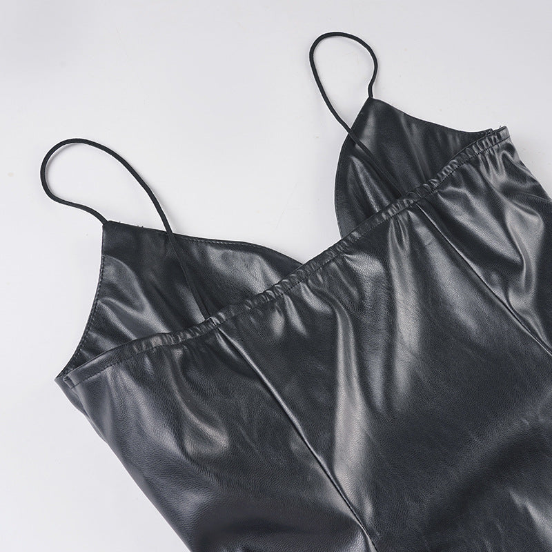 Women sexy V-neck halter slit stretchy Pu-Leather bodycon dress 10