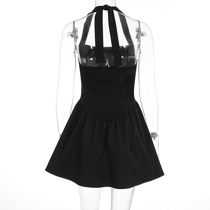 Summer Women's Fashion Chic Elegant Halter Neck Slim Waist A-line Dress 6