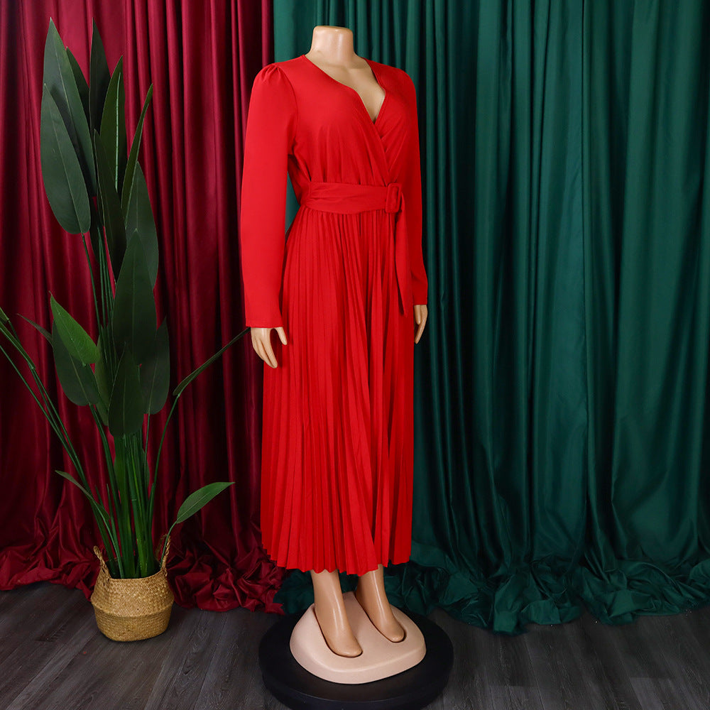 V-Neck Chic Elegant Slim Waist Belted Pleated High Waist Plus Size Dress 18