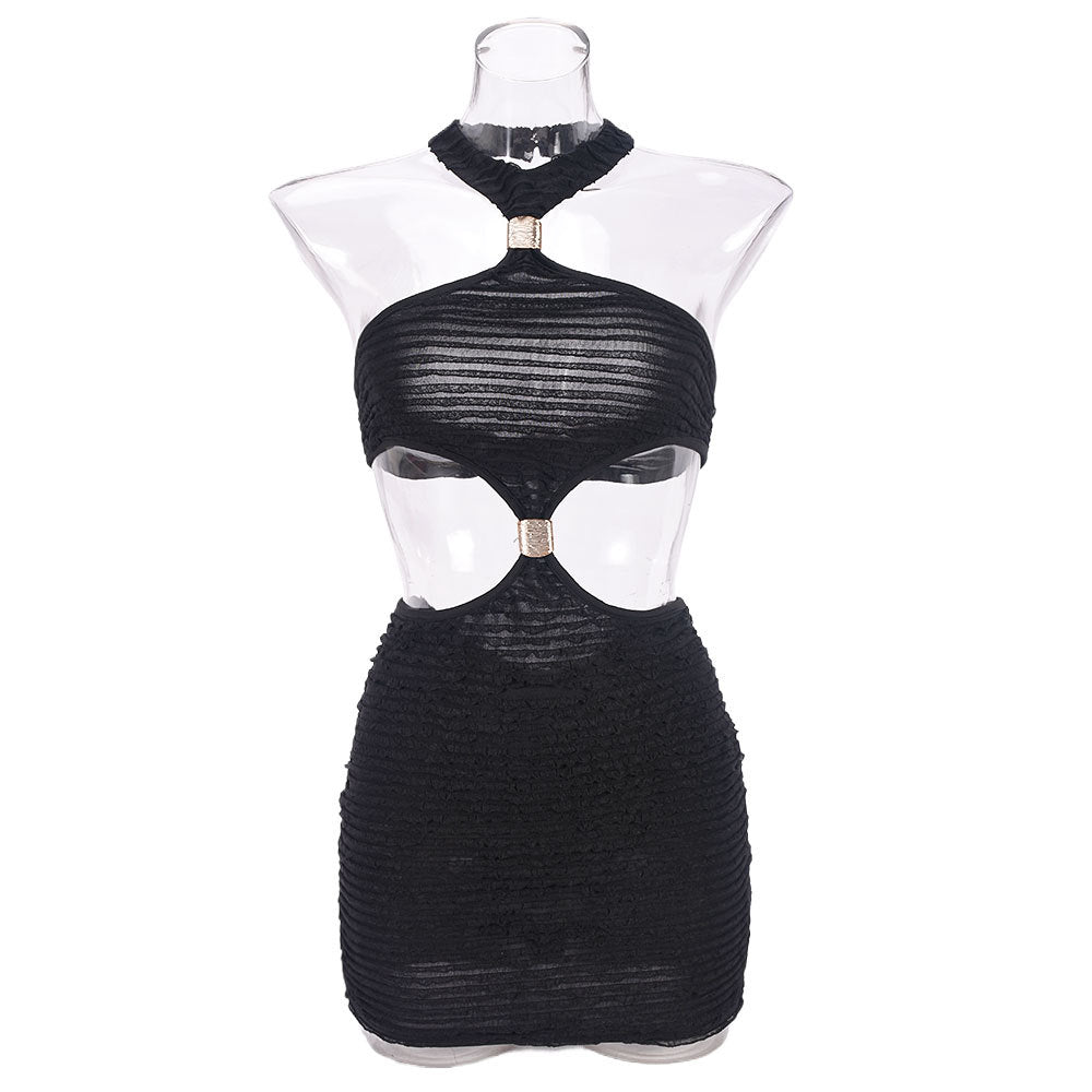 Autumn Hollow Low Back Halter Neck Metal Decoration Women Short Dress 9