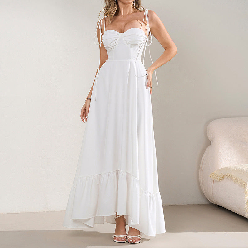 Summer Strap Lace-Up Sexy Low-Back Pleated Maxi Dress 9