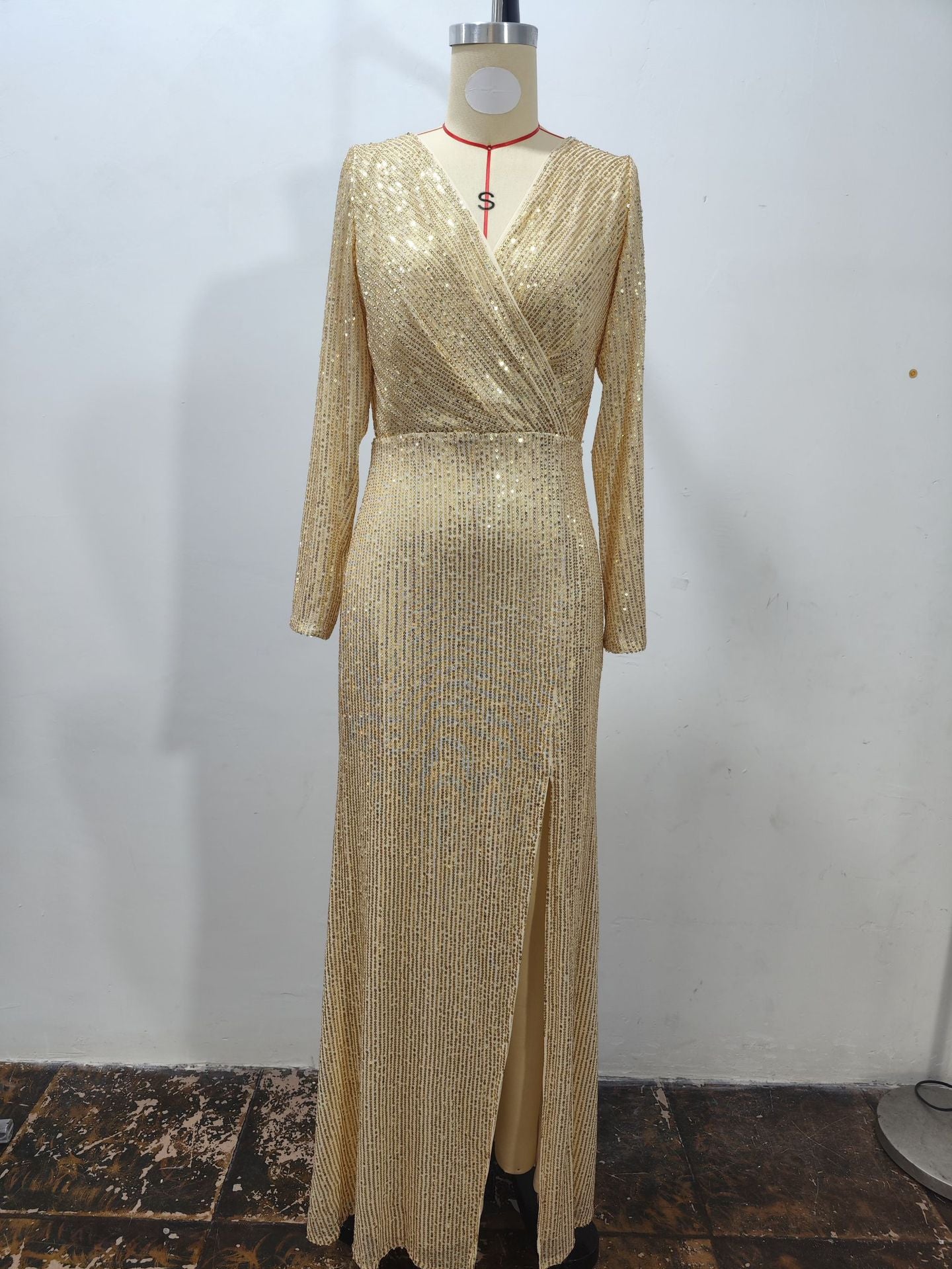 Long Sleeve Slit Sequined Evening Gown 10