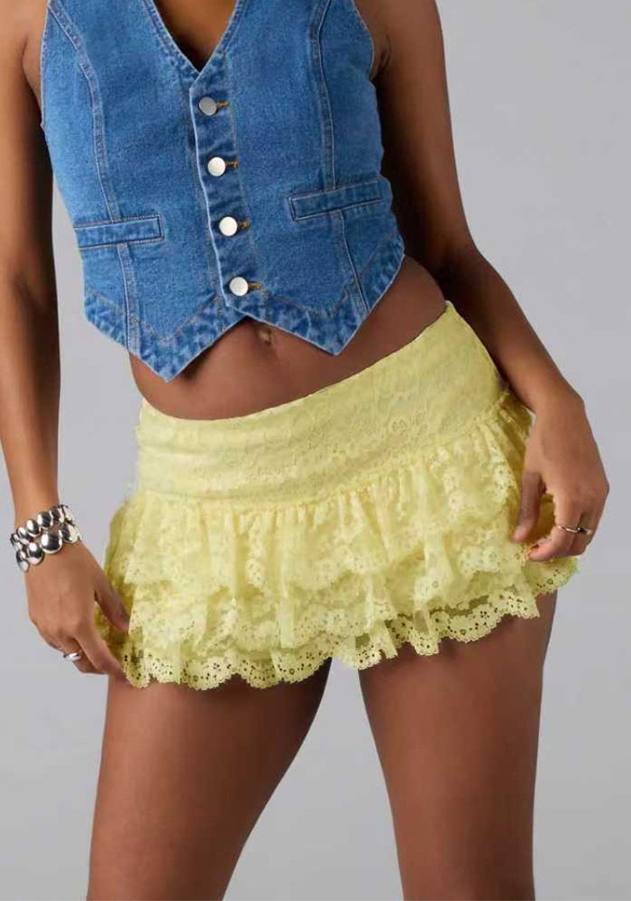 Women Sexy Layered Solid Lace Short Skirt