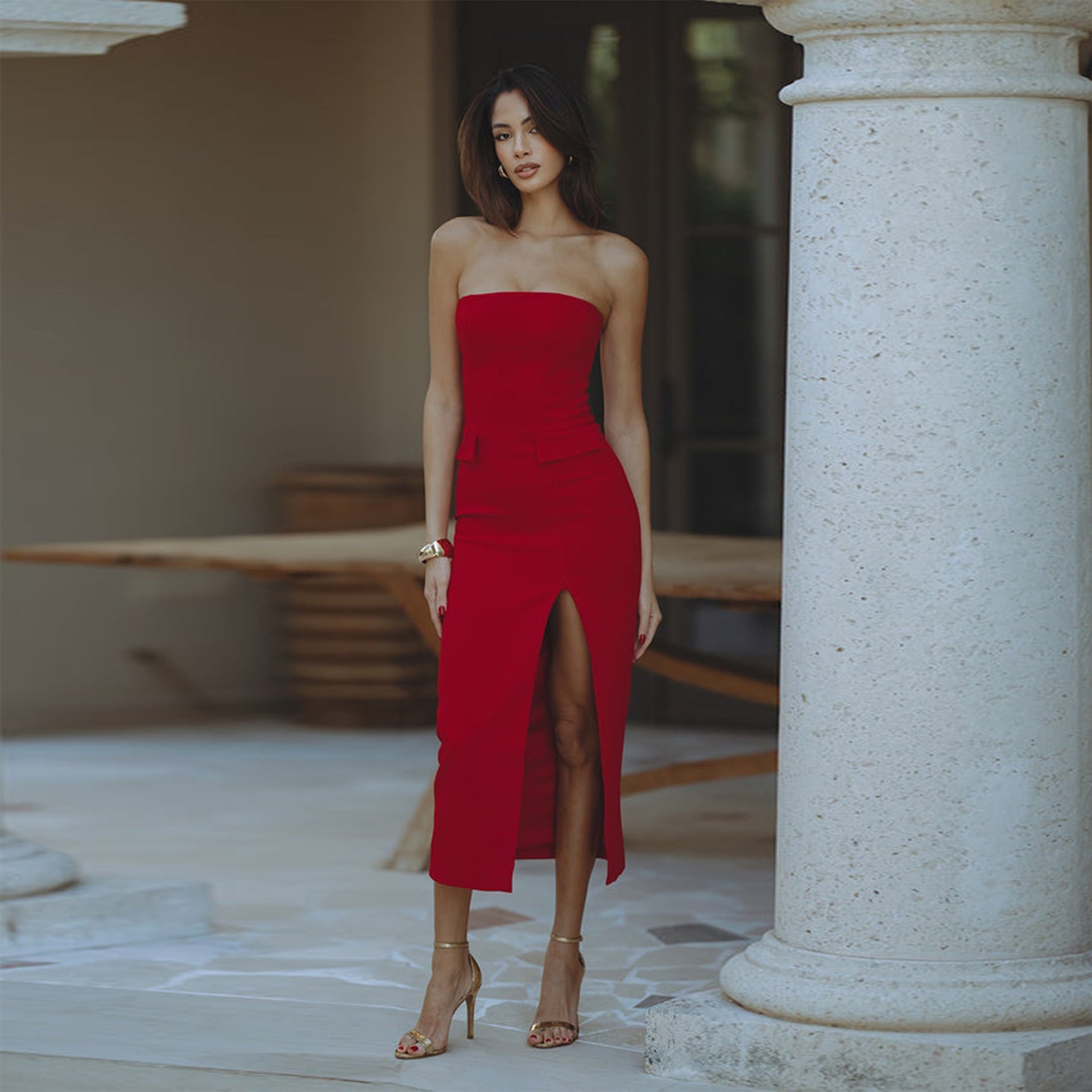 Solid Color pocket sleeveless sexy strapless slim fit high waist A-line Dress 5