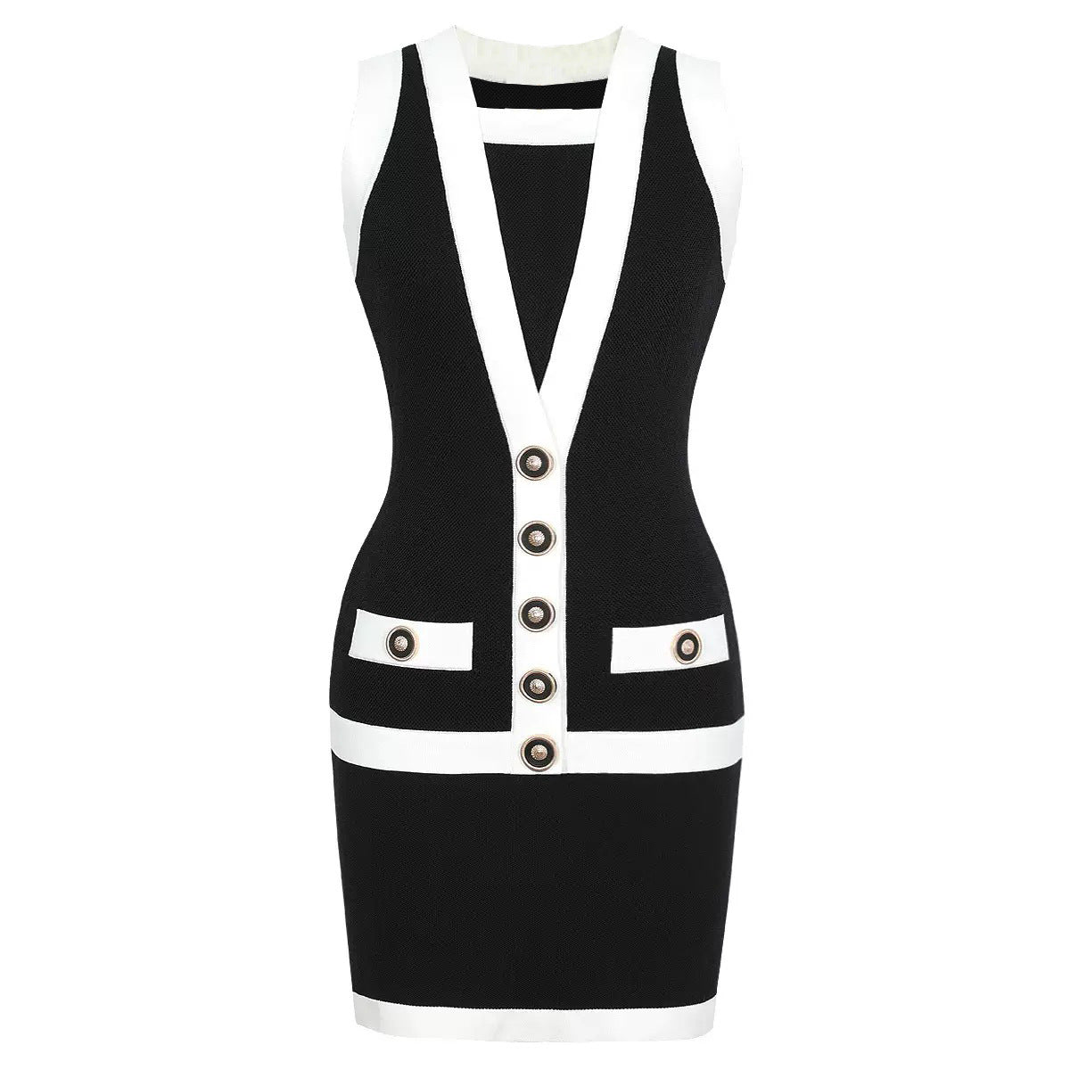 Women elegant button-down colorblock sleeveless single-breasted knitting dress 17