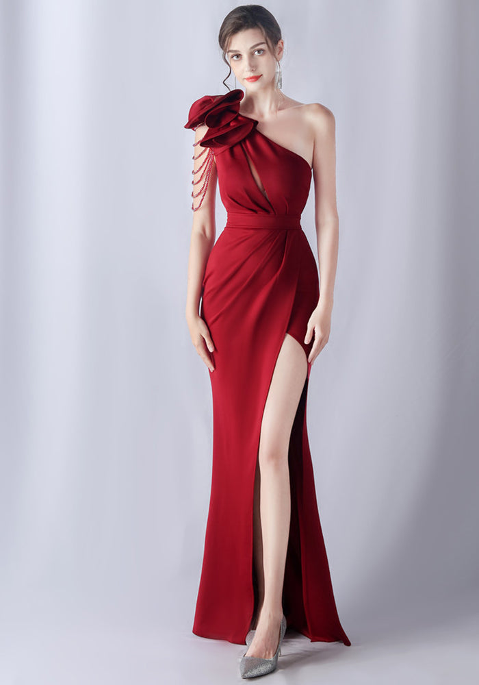 Flowers Rhinestone Tassels One Shoulder Evening Dress