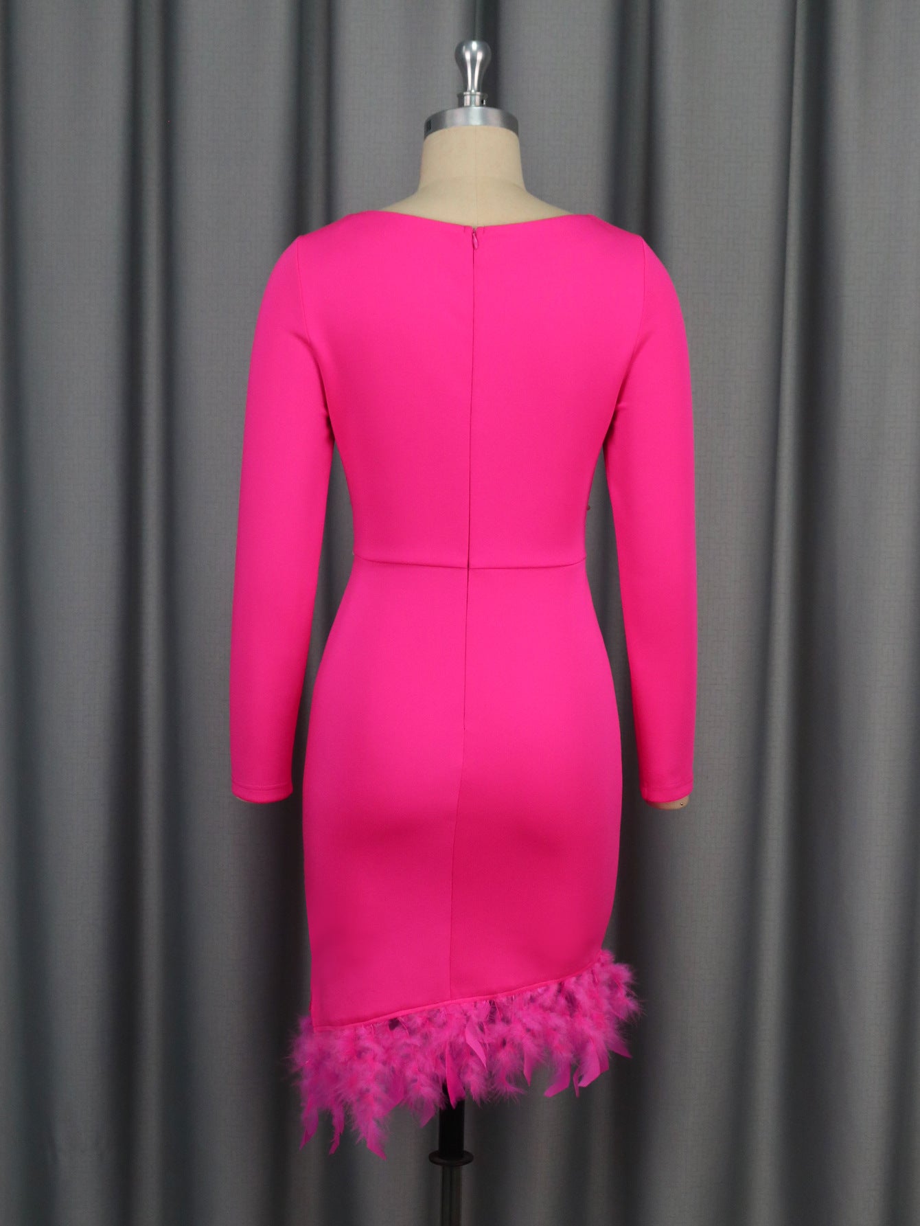 Feather Patchwork Deep V Diamond Long Sleeve Evening Dress 6