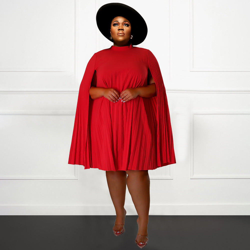 Plus Size Women Bell Bottom Sleeve Pleated Dress 4