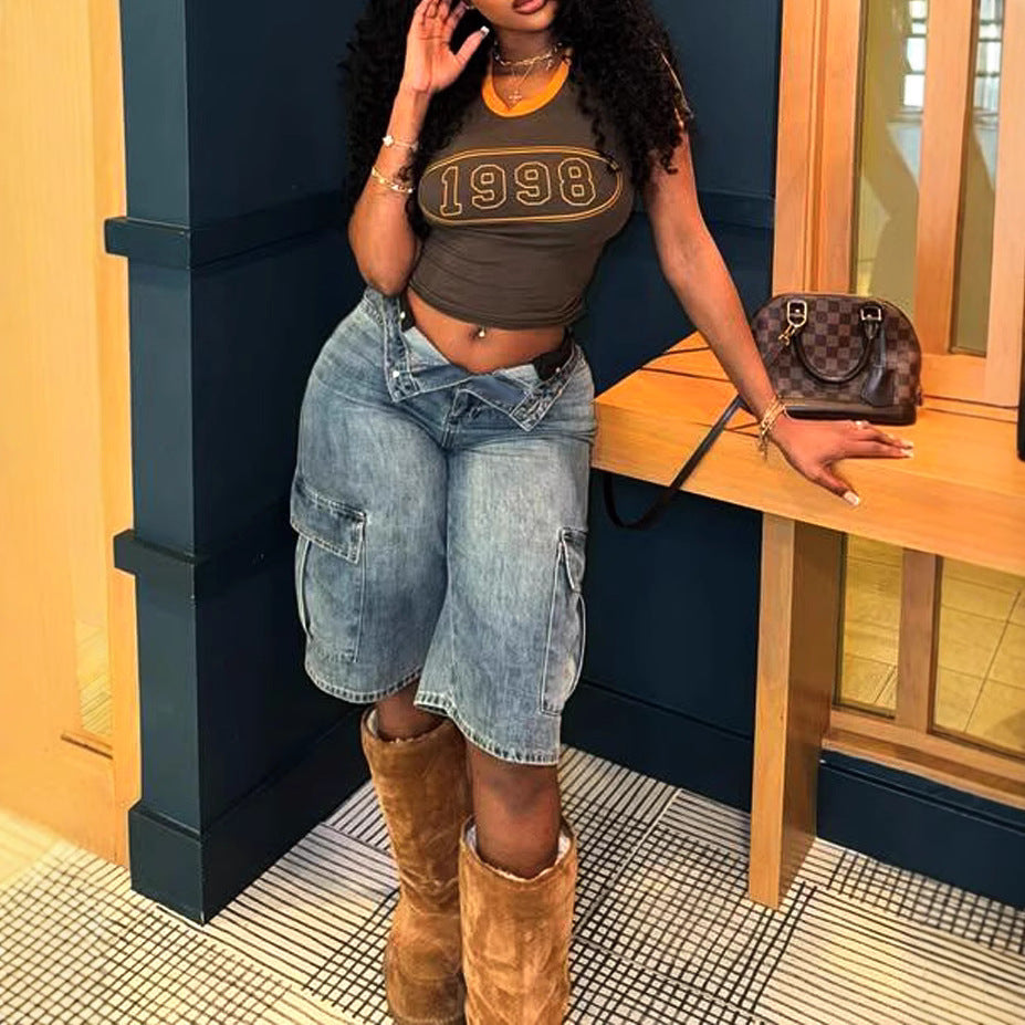 Women Trend Knee-Length Stretchy Denim Cargo Shorts 7