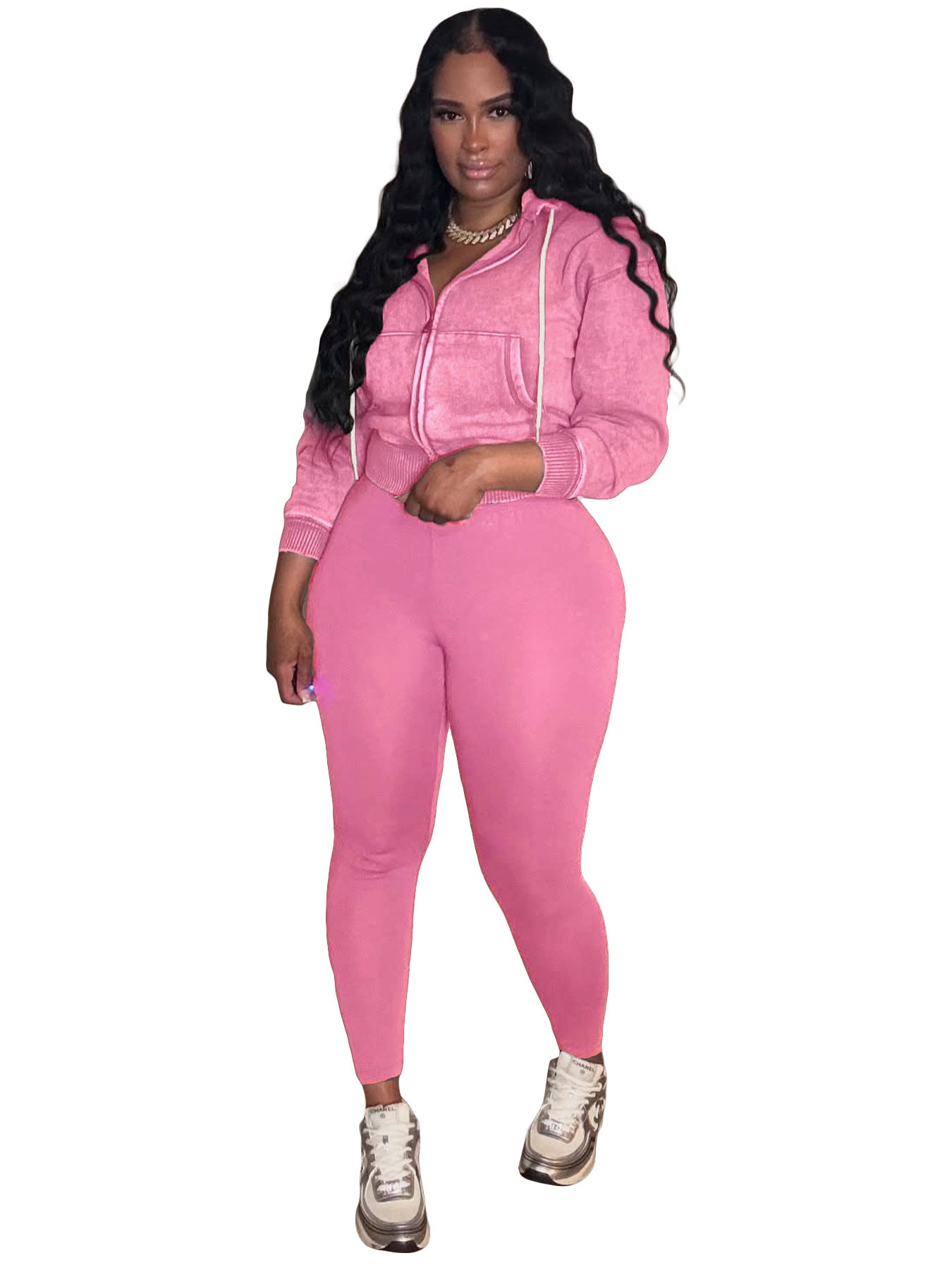 Fashion Women's Washed Zipper Hooded Top Yoga Pants Sport Casual Two-Piece Set 23