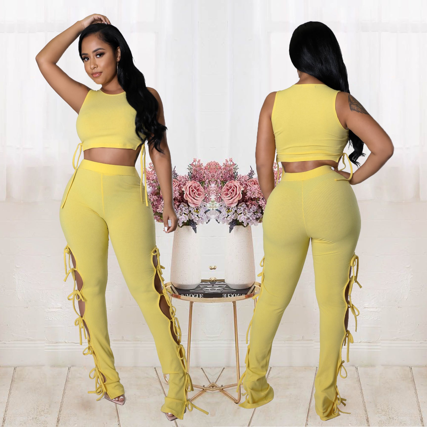 Women's Fashion Summer Style Cutout Tie Solid Color Ribbed Sleeveless Two-Piece Pants Set 4