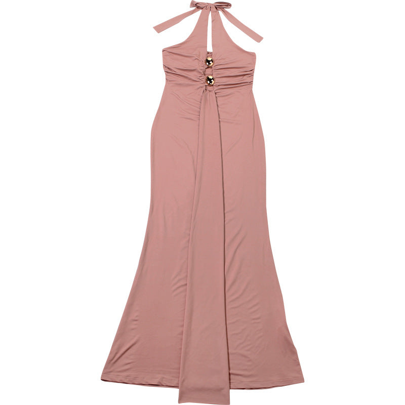 Autumn Winter Women's Sexy Halter Neck Low Back Fashion Metal Decorative Button Bodycon Dress 8