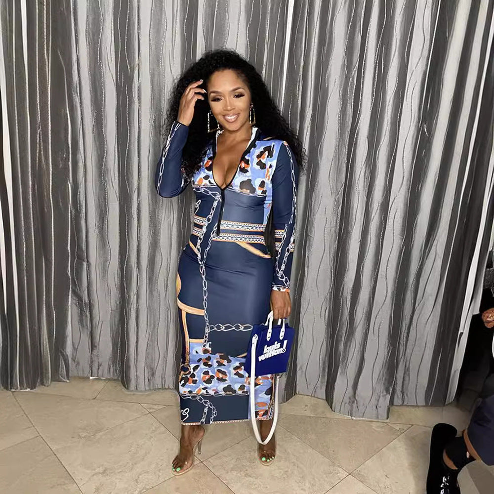 Women's Zipper Printed Long Sleeve Slim Dress With Belt