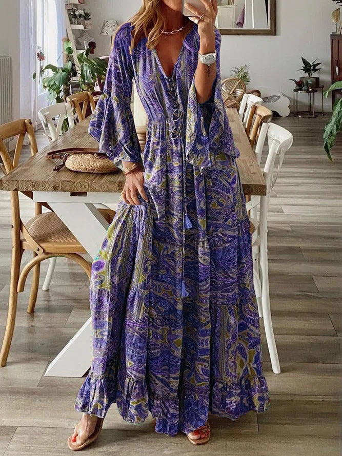 Women Boho Bell Bottom Sleeve Printed V Neck Holidays Maxi Dress 6